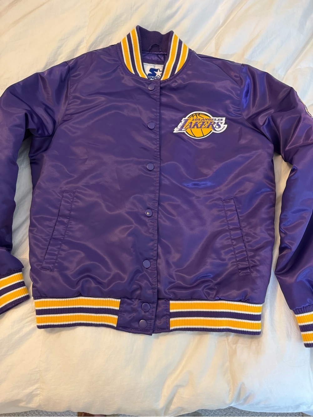 STARTER Los Angeles Lakers Purple and Yellow Satin Bomber Jacket size medium